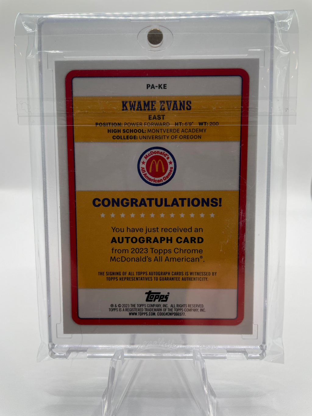 2023-24 Topps Mcdonald's Chrome Kwame KJ Evans Paper Gameday SP Auto