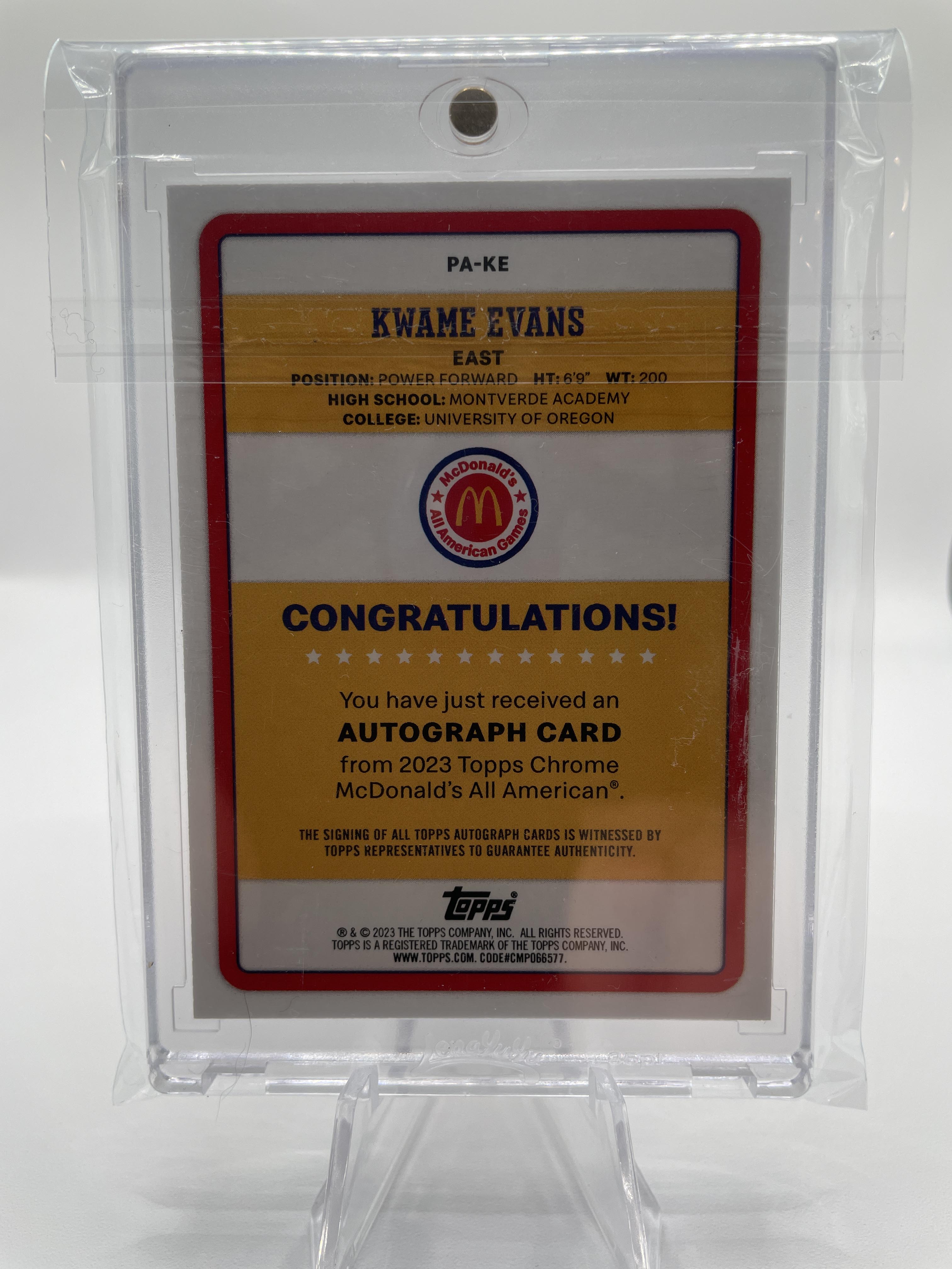 2023-24 Topps Mcdonald's Chrome Kwame KJ Evans Paper Gameday SP Auto