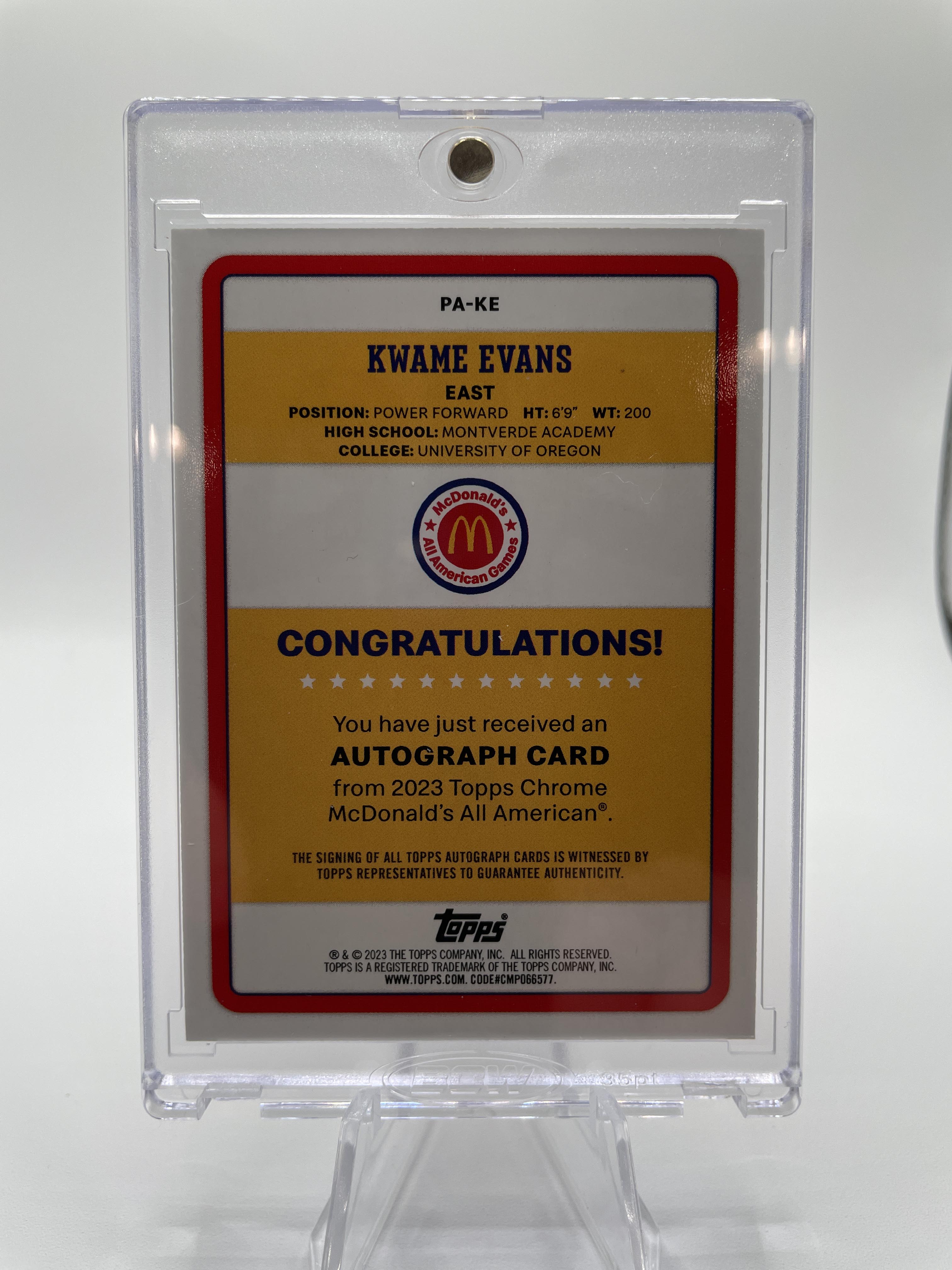 2023-24 Topps Mcdonald's Chrome Kwame KJ Evans Paper Gameday SP Auto