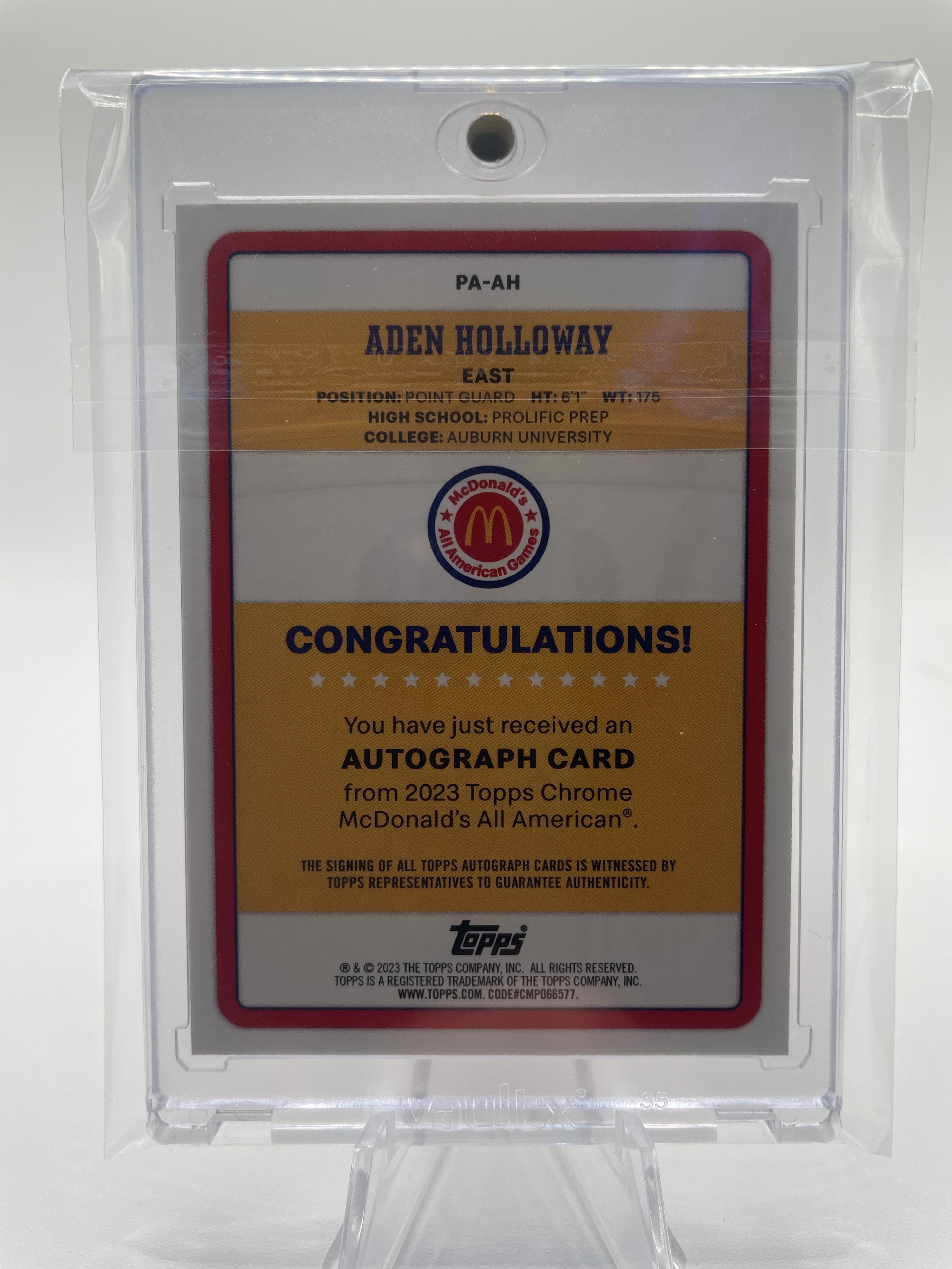 2023-24 Topps Mcdonalds Chrome Aden Holloway Game day Paper SP On-Card Auto