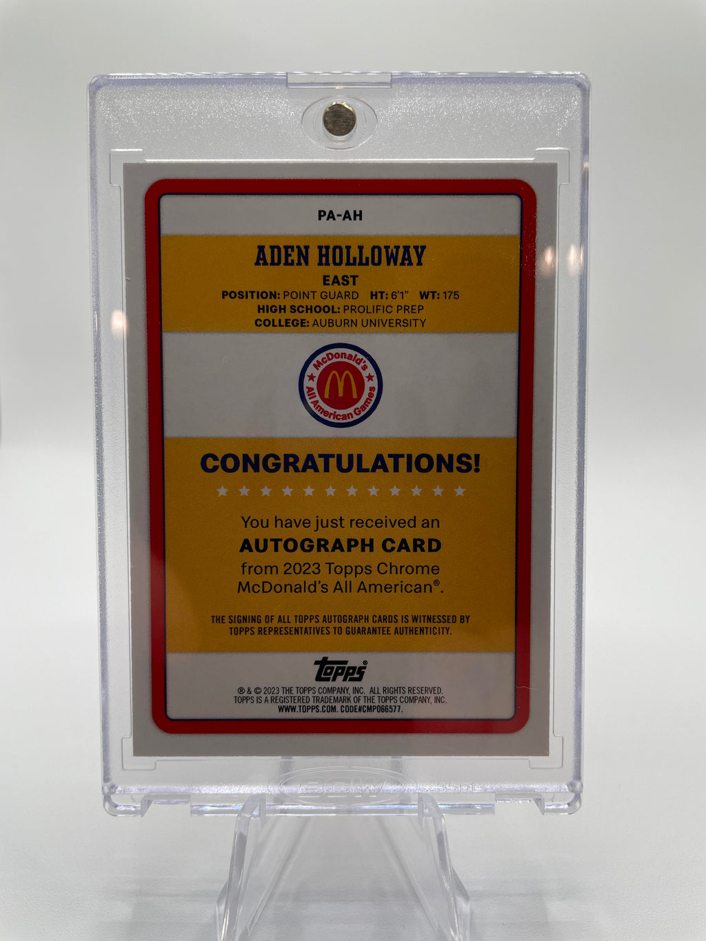 2023-24 Topps Mcdonalds Chrome Aden Holloway Game day Paper SP On-Card Auto
