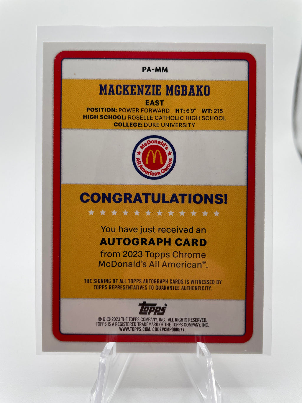 2023-24 Topps Mcdonalds Chrome Mackenzie MgBako Paper Gameday Auto