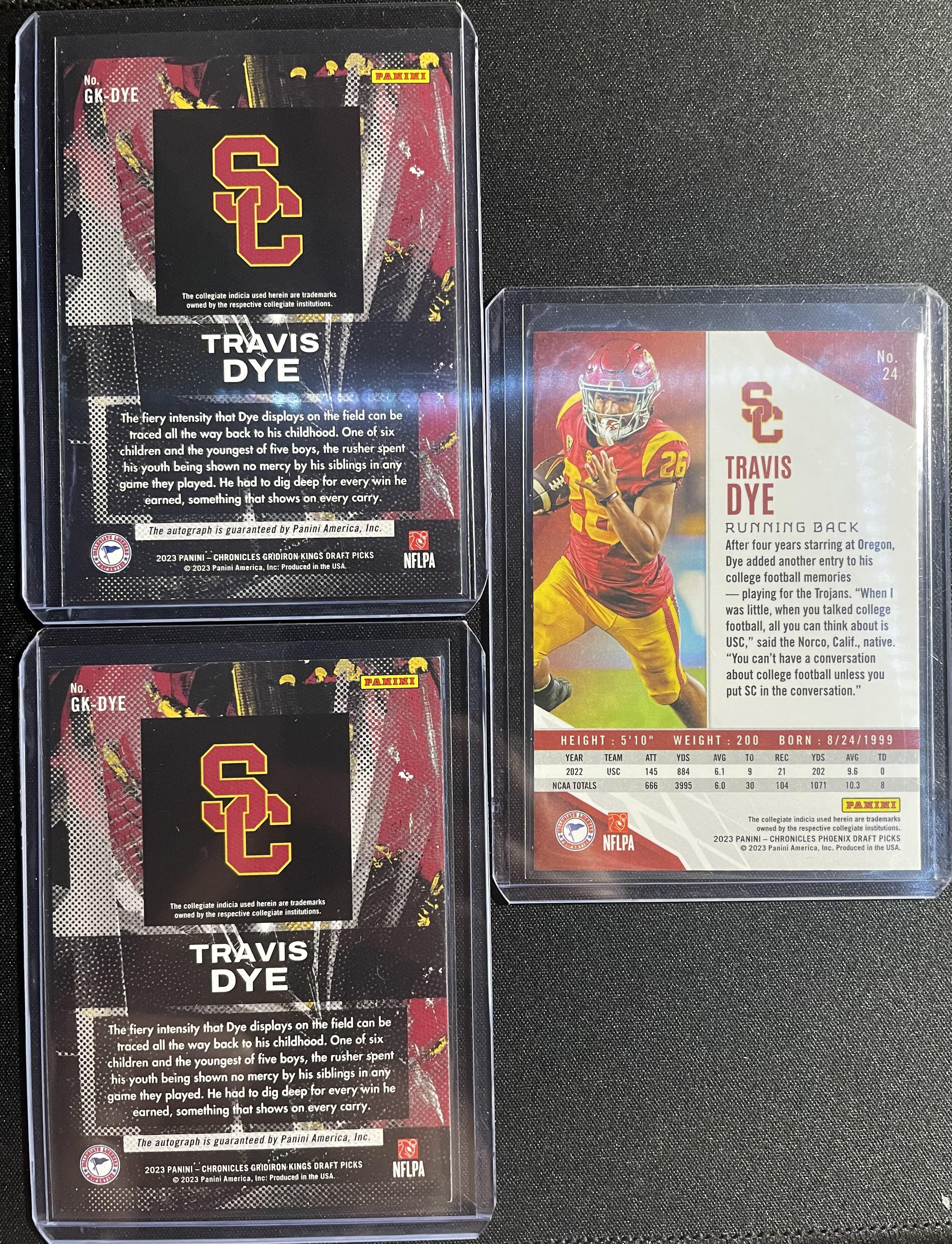 2023 Panini Gridiron Kings Travis Dye Rookie Auto /199 (x2) + Phoenix Base
