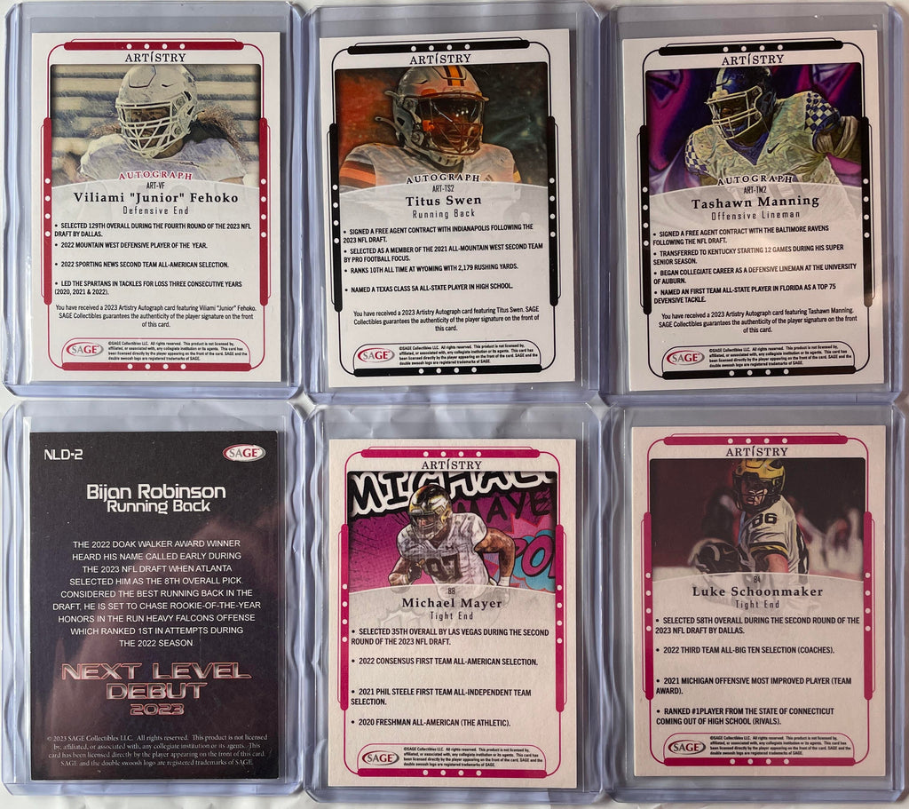 2023 Sage Artistry Vliami Fehoko Swen Manning Auto + Bijan Robinson SP Set (x6)