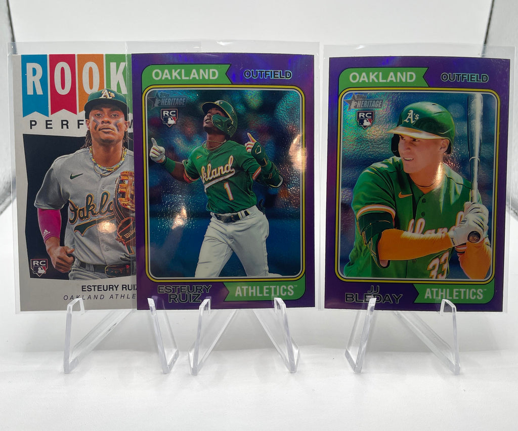 2023 Topps Heritage Esteury Ruiz + JJ Bleday Purple Chrome Rookie SP + Insert