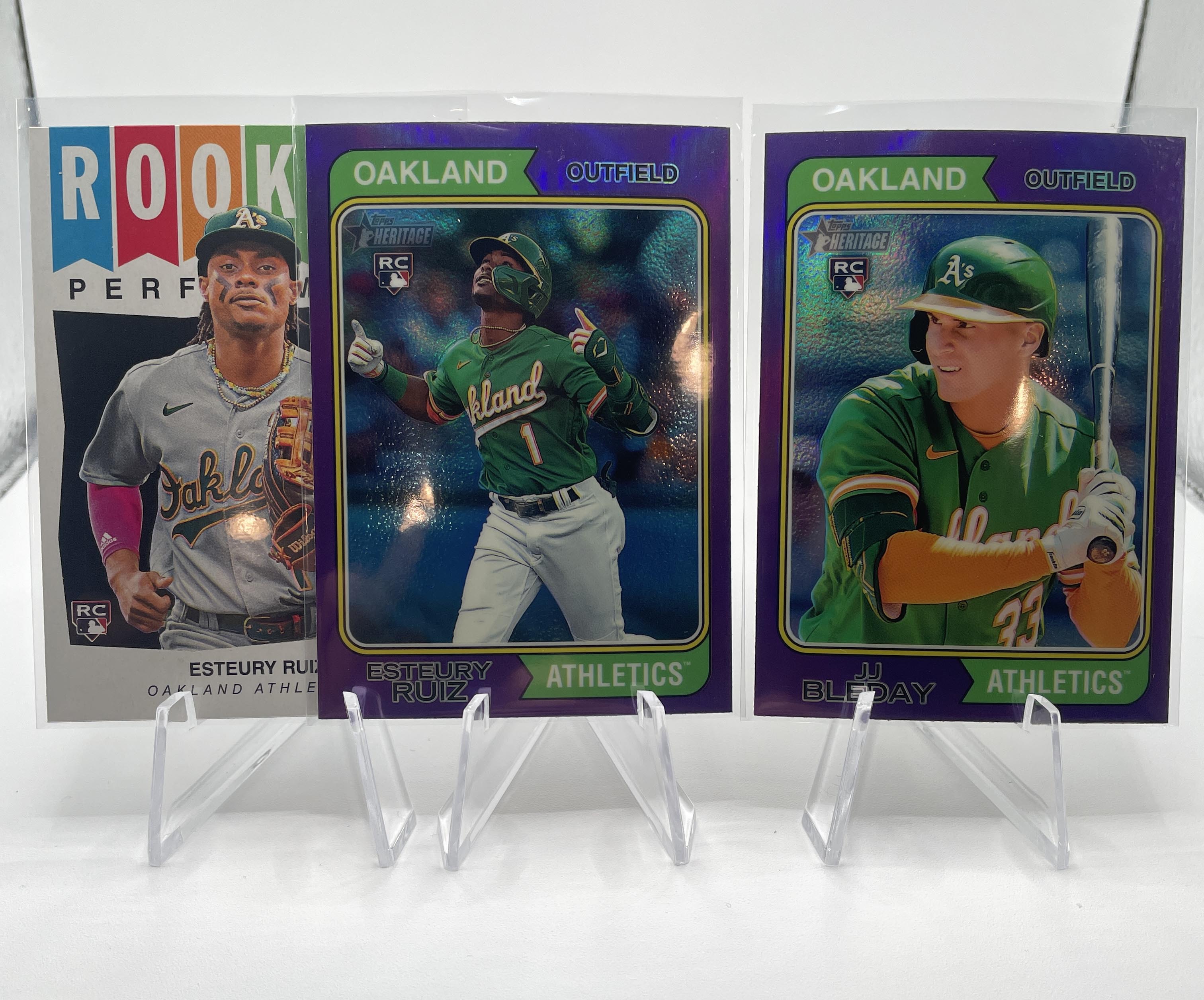 2023 Topps Heritage Esteury Ruiz + JJ Bleday Purple Chrome Rookie SP + Insert