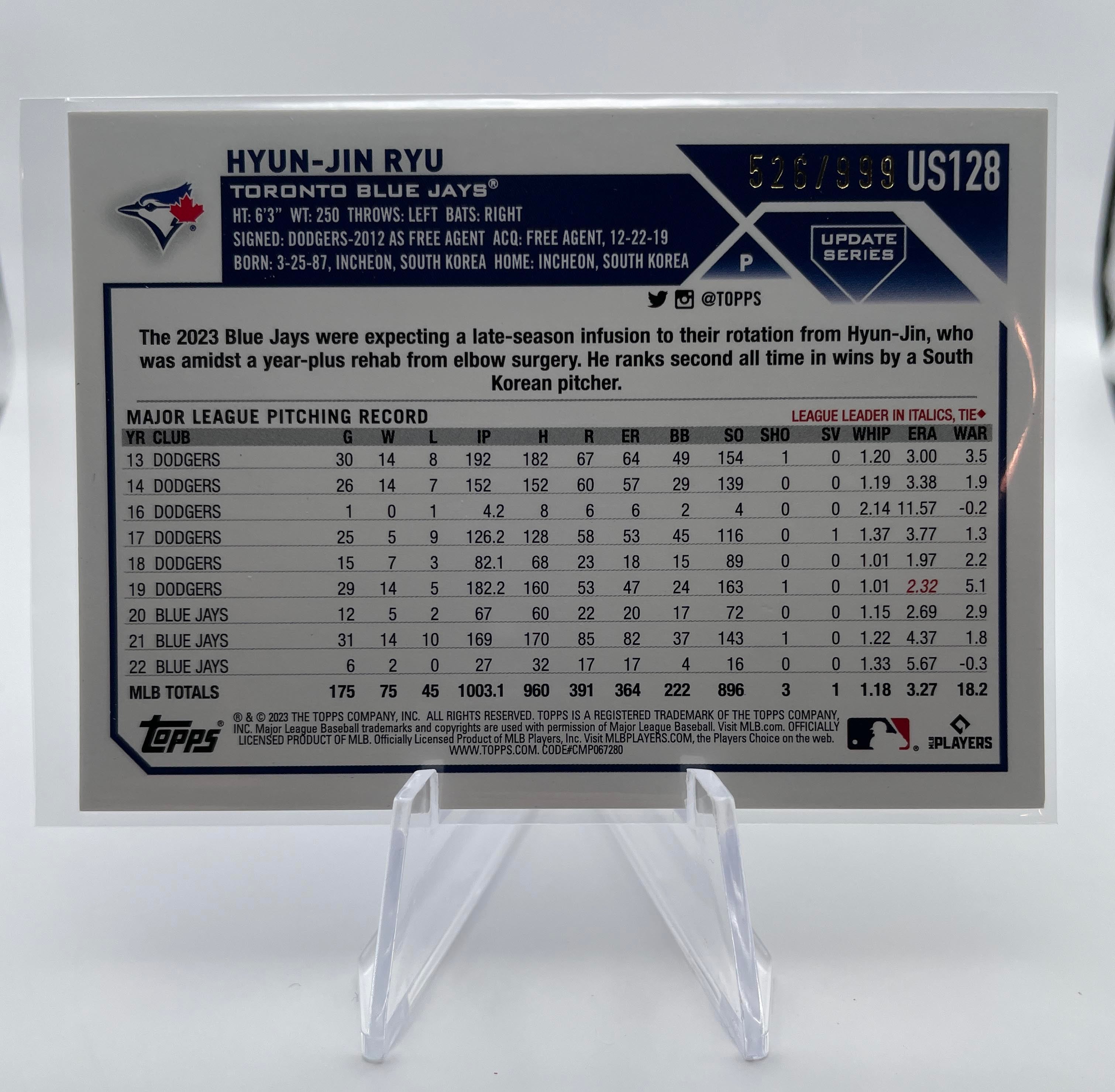 2023 Topps Update Series Hyun-Jin Ryu Blue Foil /999 #US128