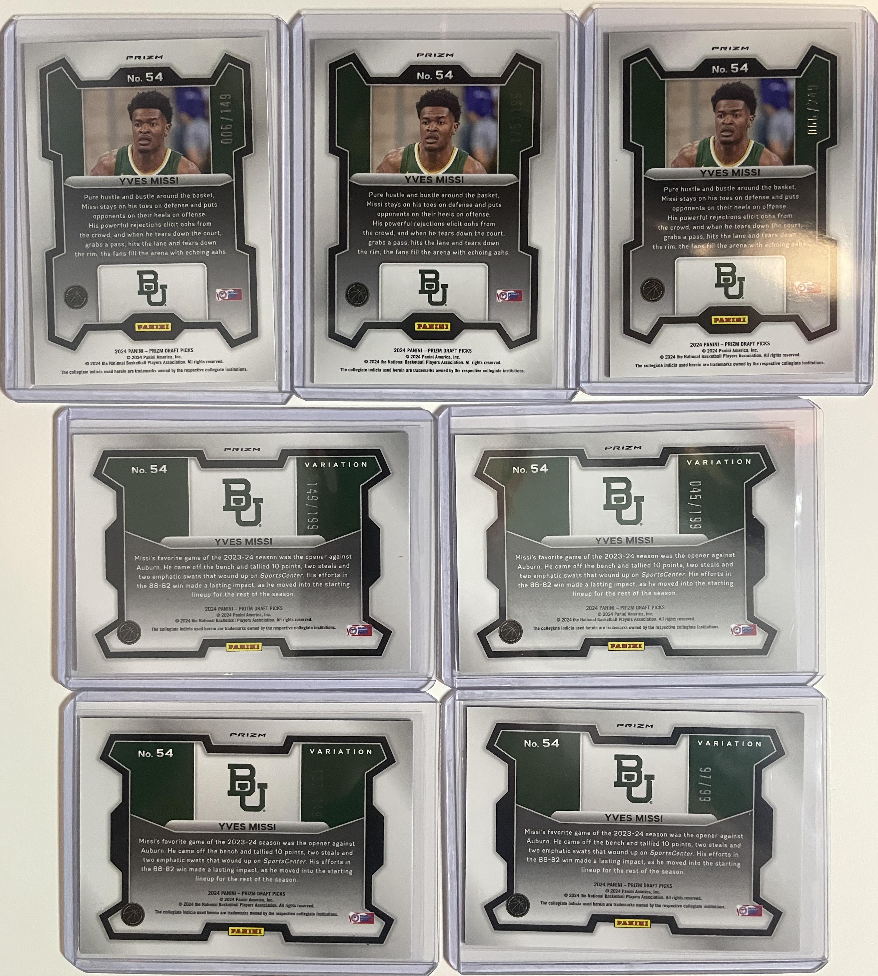 2024-25 Panini Prizm Draft Picks Yves Missi Purple Var /149 + Blue /99 Set (x7)