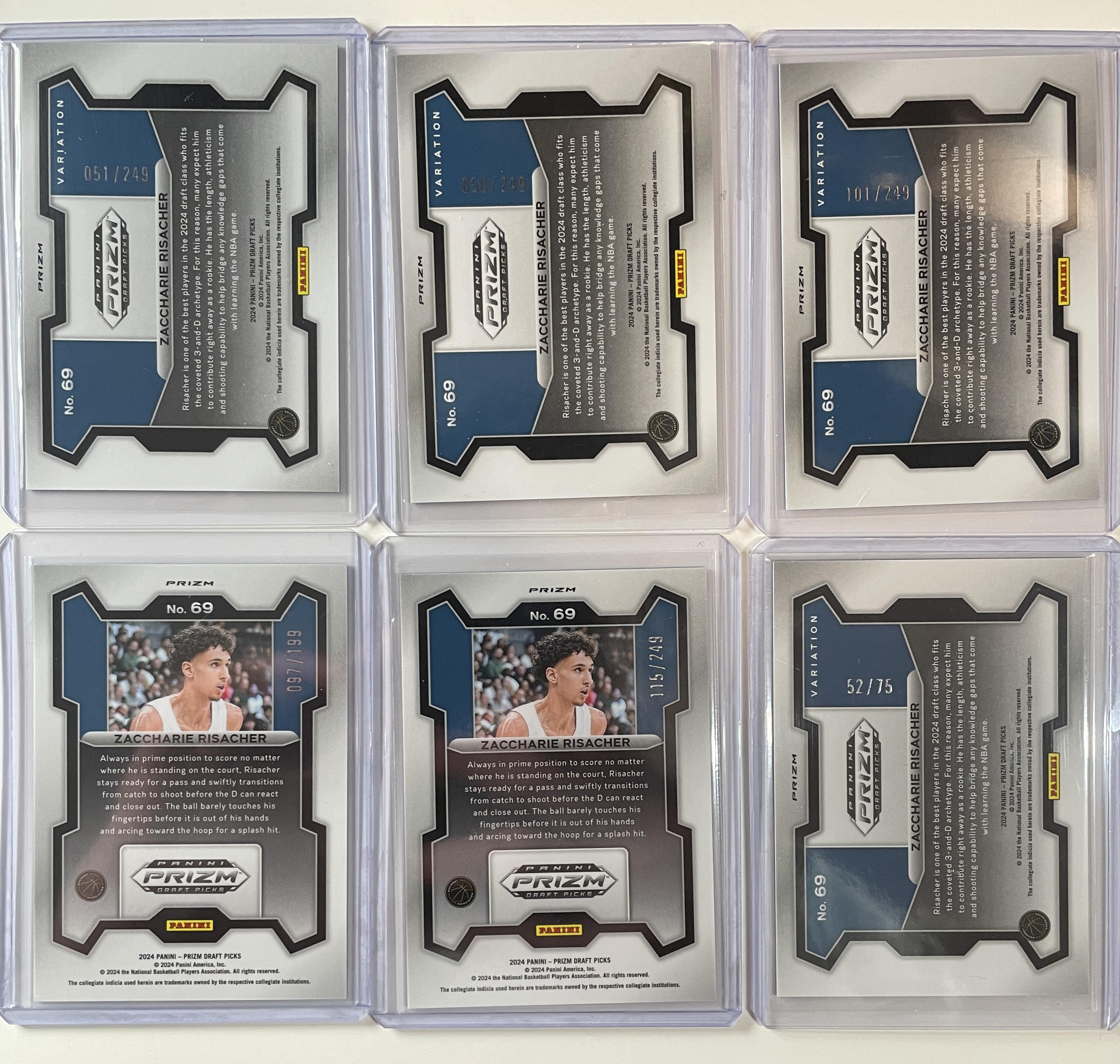 2024-25 Panini Prizm Draft Zaccharie Risacher Purple Var /75 Blue /99 Set (x6)
