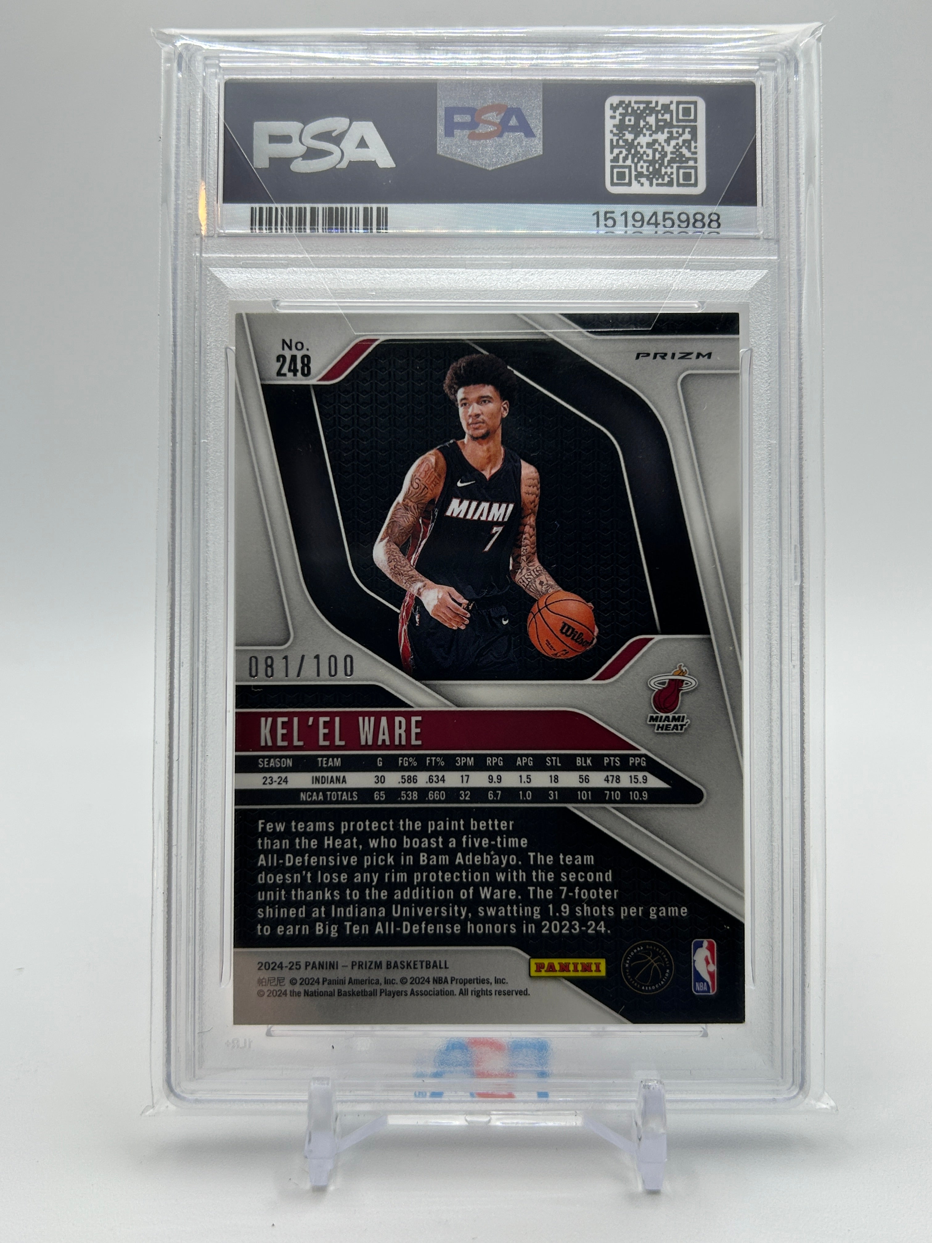 2024-25 Panini Prizm Kel'El Ware Red Fast Break Prizm Rookie /100 PSA 9 Mint