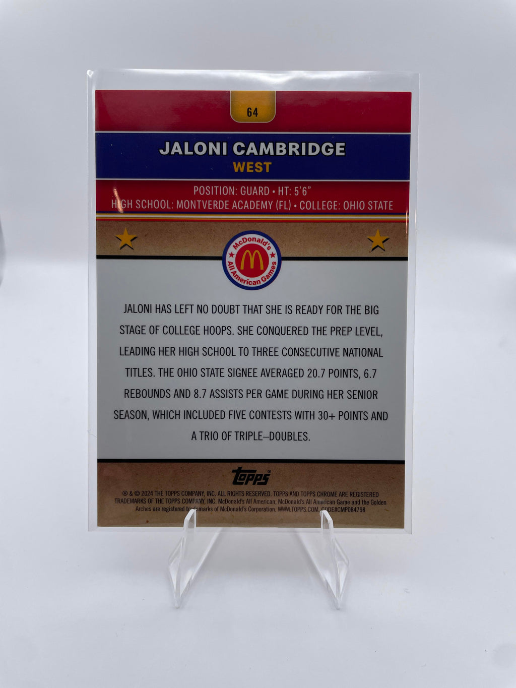 2024-25 Topps McDonald's Chrome Jaloni Cambridge Gold Refractor Rookie /50
