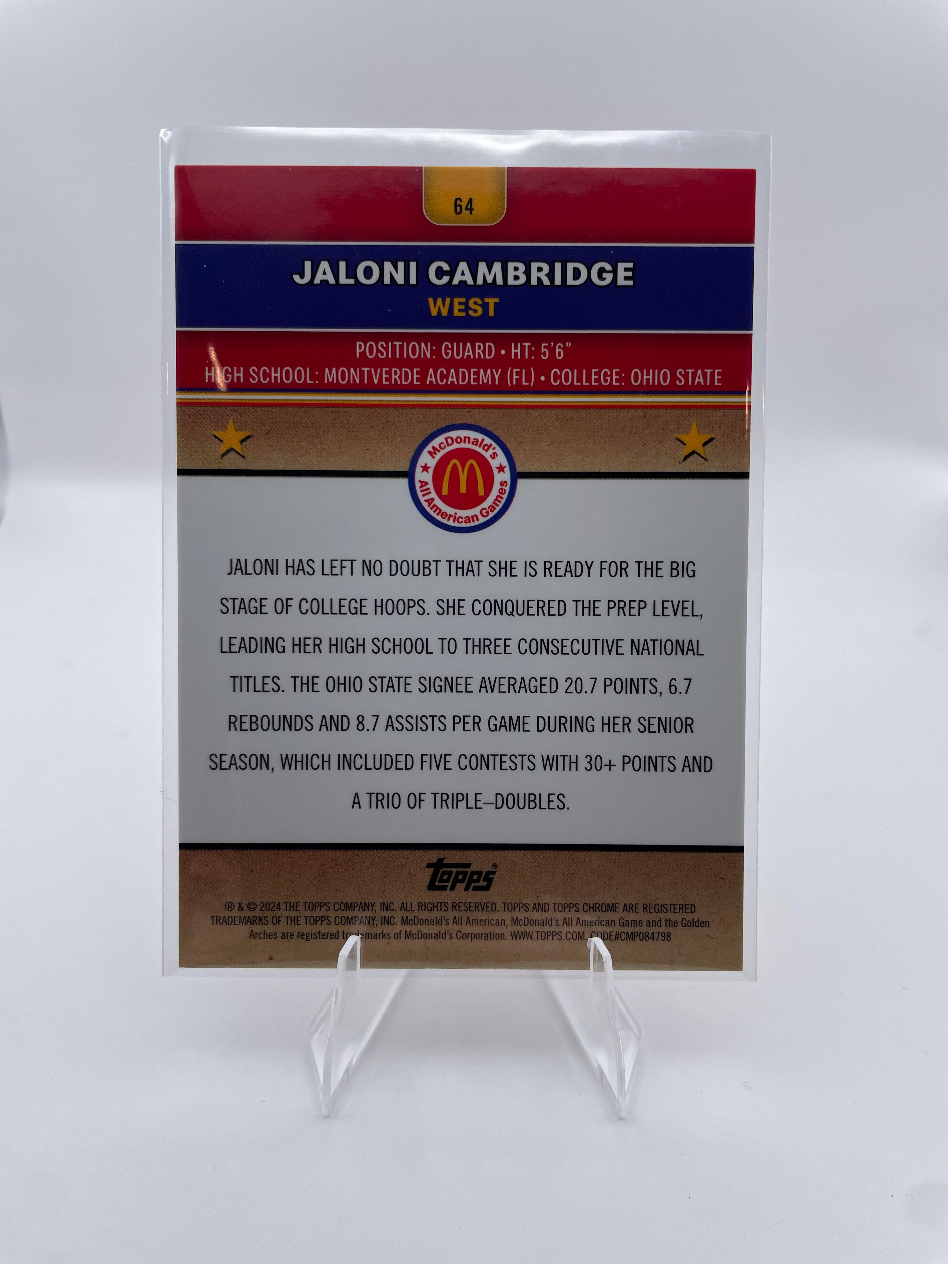 2024-25 Topps McDonald's Chrome Jaloni Cambridge Gold Refractor Rookie /50
