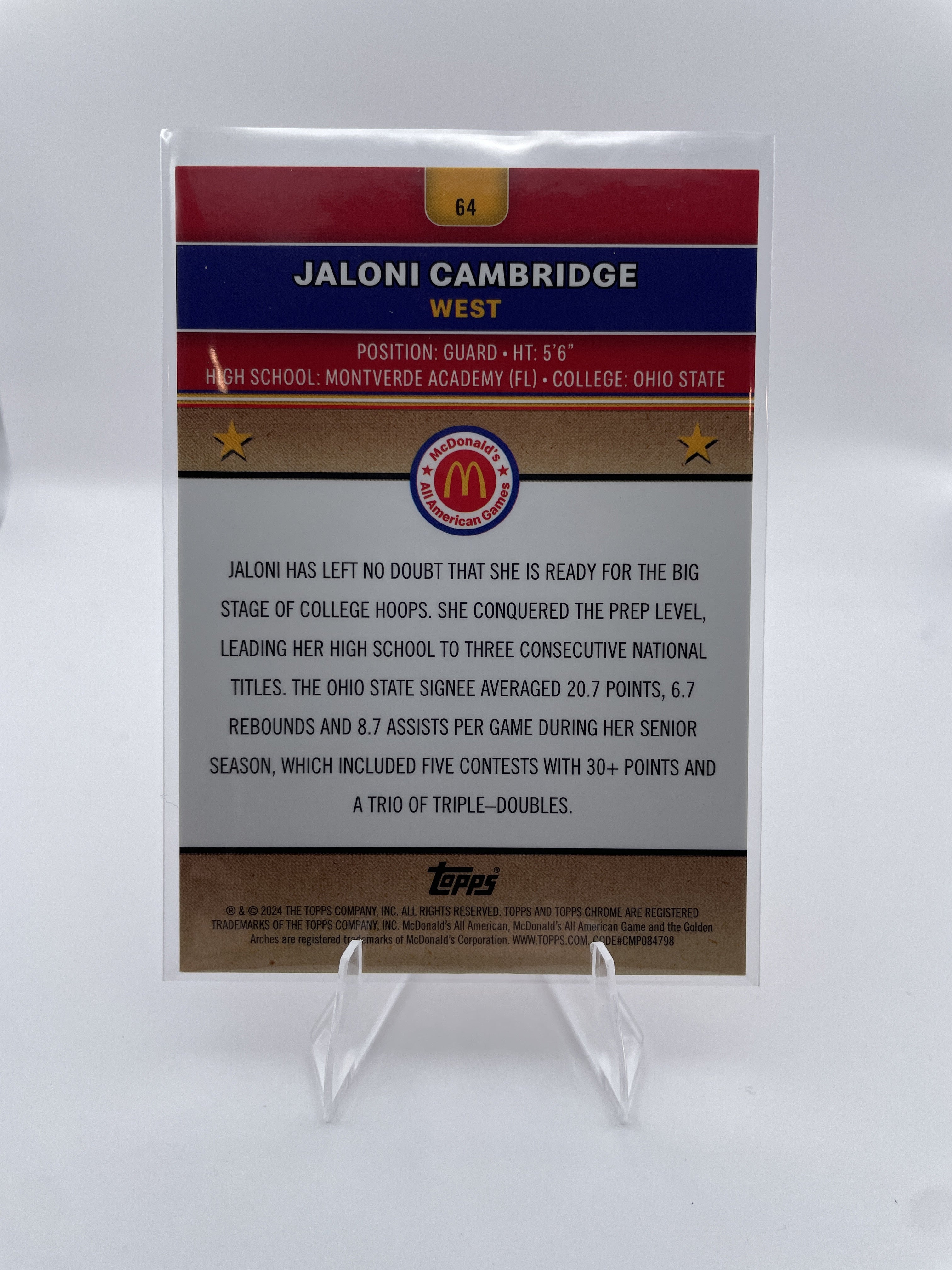 2024-25 Topps McDonald's Chrome Jaloni Cambridge Gold Refractor Rookie /50