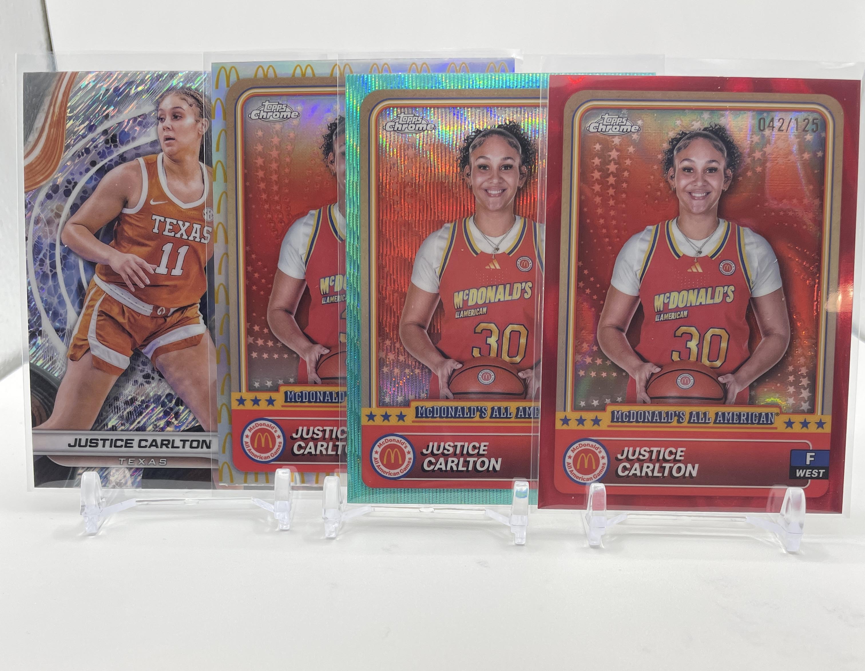 2024-25 Topps McDonald's Chrome Justice Carlton Red /125 Aqua /199 SP Set (x4)