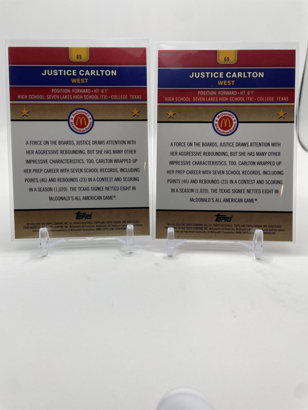 2024-25 Topps McDonald's Chrome Justice Carlton Red /125 Aqua /199 SP Set (x4)