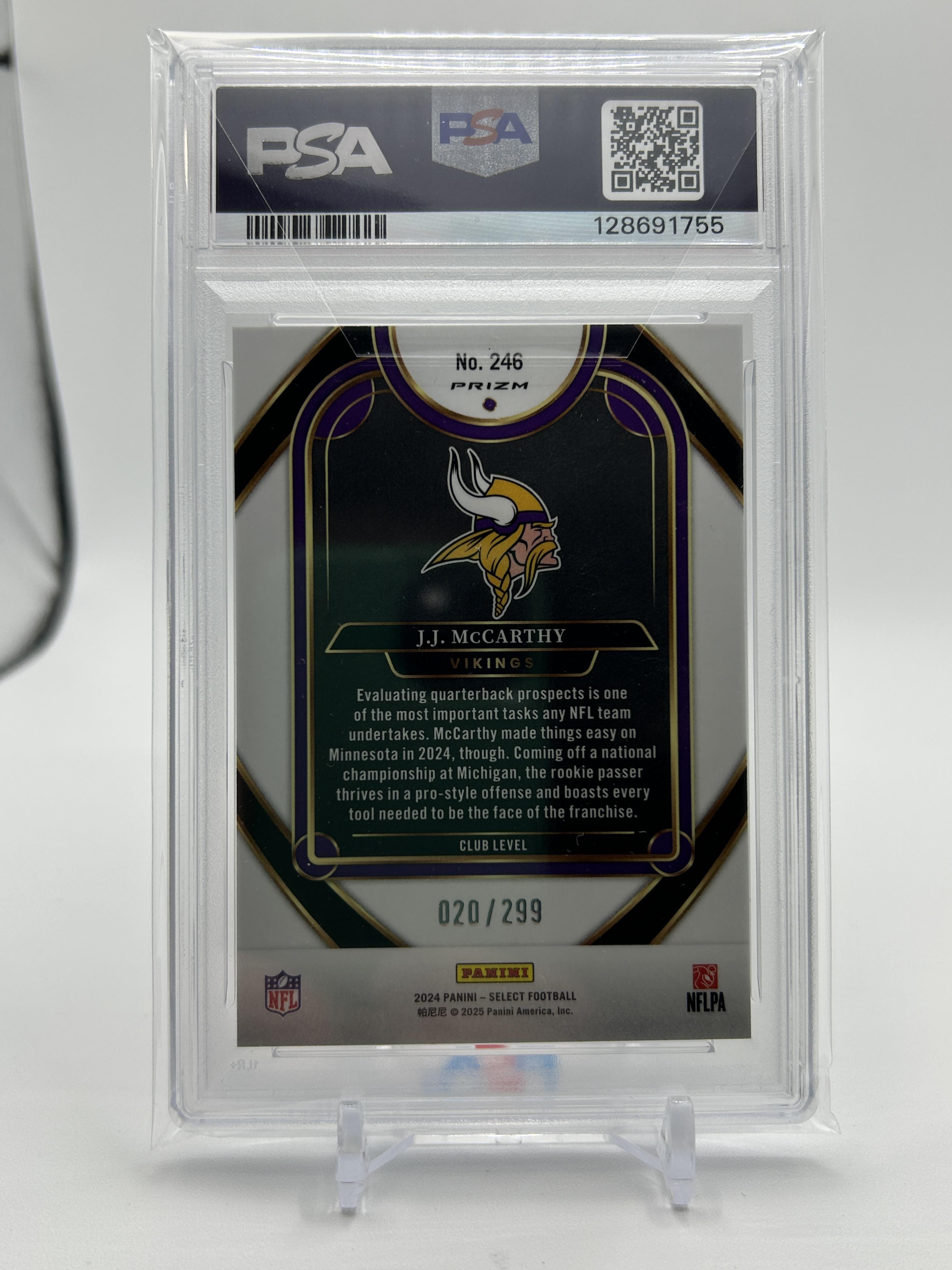 2024 Panini Select J.J. McCarthy Copper Shock Prizm Rookie /299 PSA 9 Mint