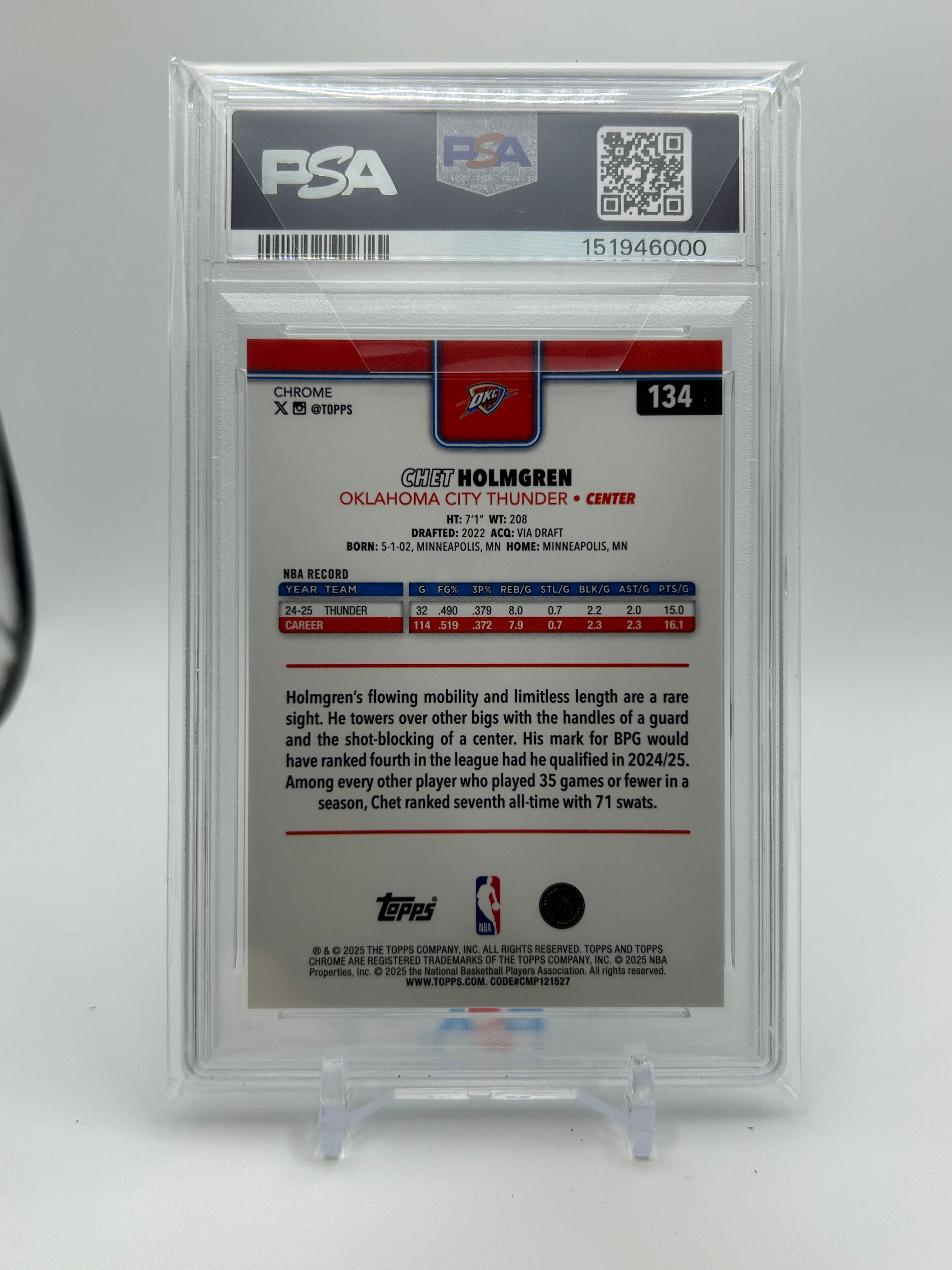 2025-26 Topps Chrome Chet Holmgren Black Pulsar Refractor /10 PSA 10 Pop 1/1