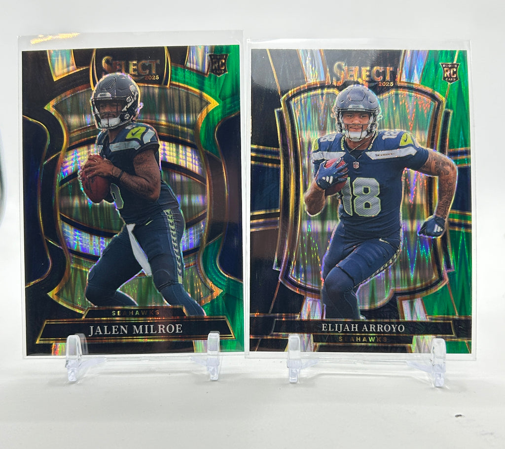 2025 Panini Select Jalen Milroe + Elijah Arroyo Black & Green Shock Prizm Rookie