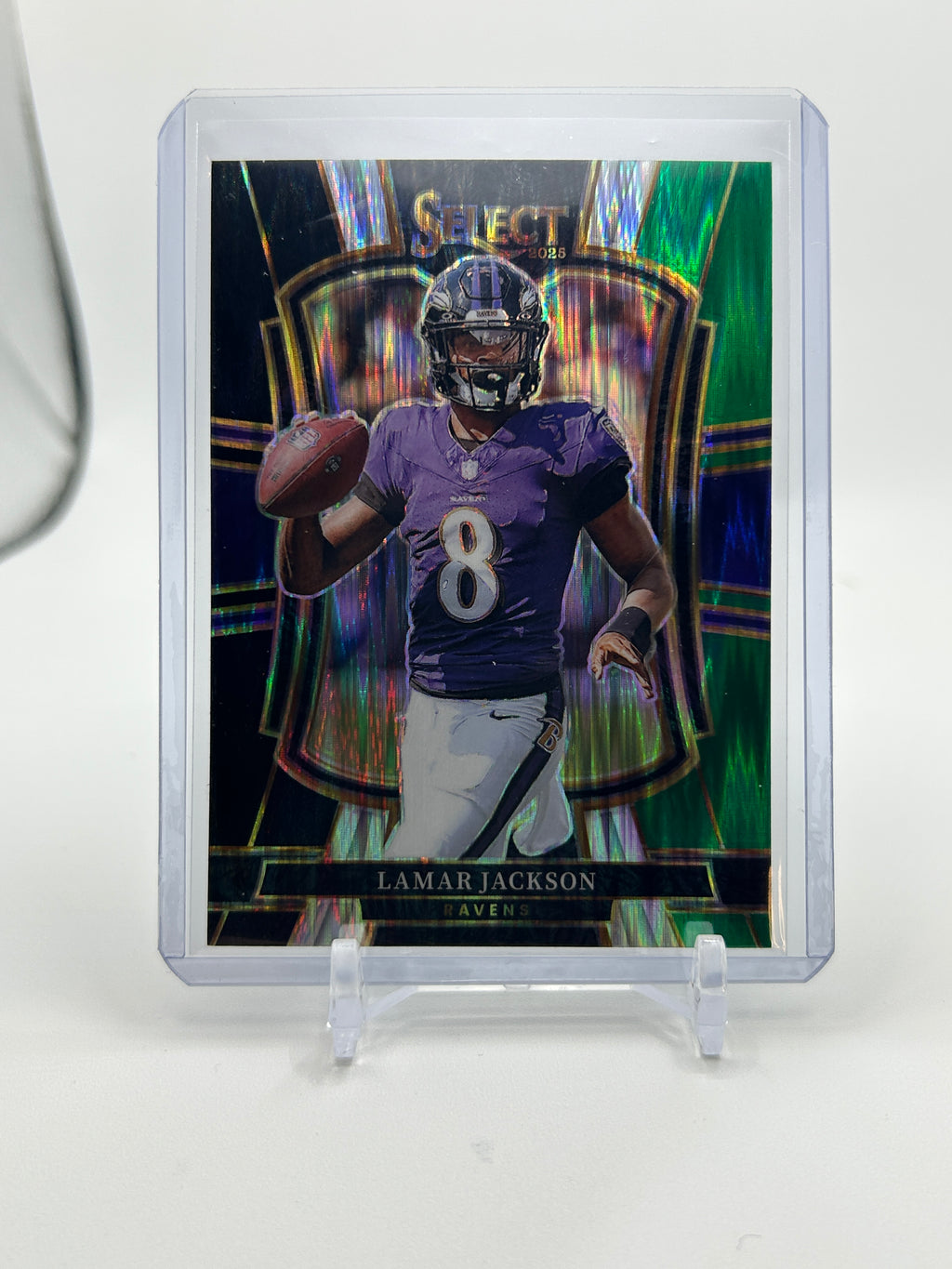 2025 Panini Select Lamar Jackson Premier Level Black & Green Shock Prizm