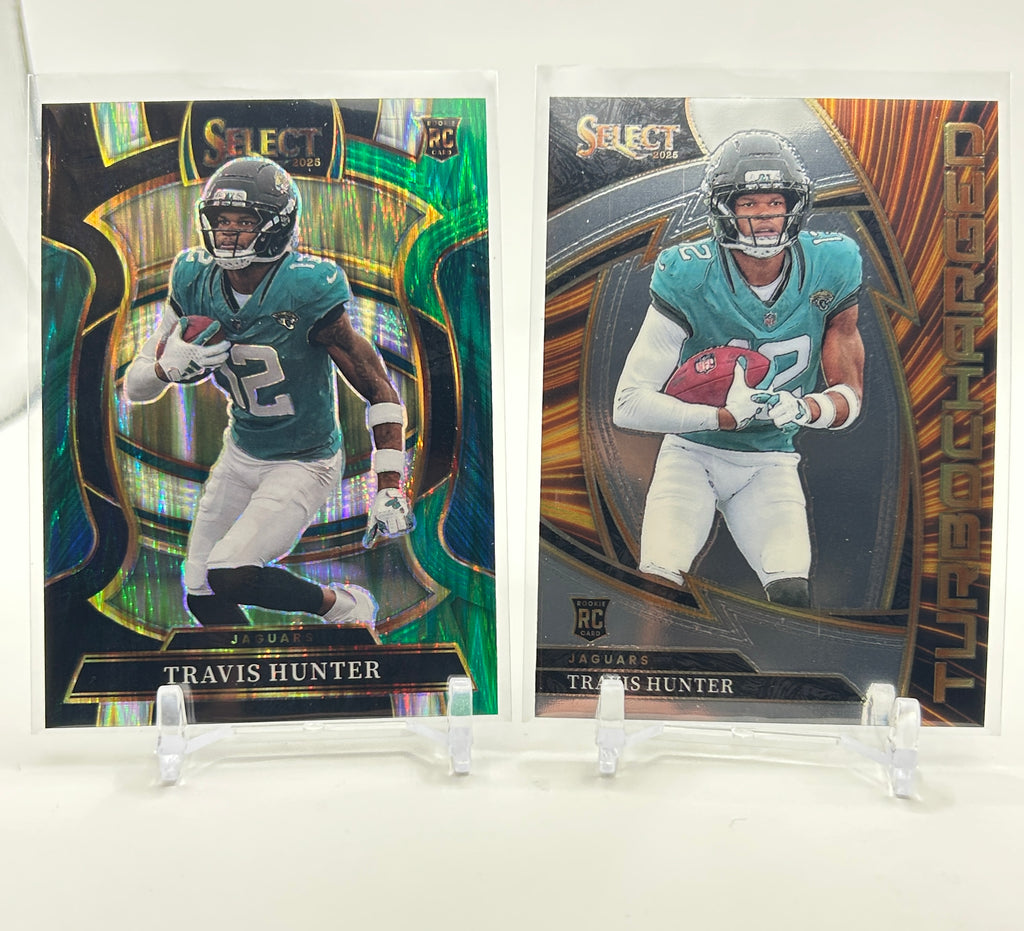 2025 Panini Select Travis Hunter Black & Green Shock Prizm Rookie + Overcharged