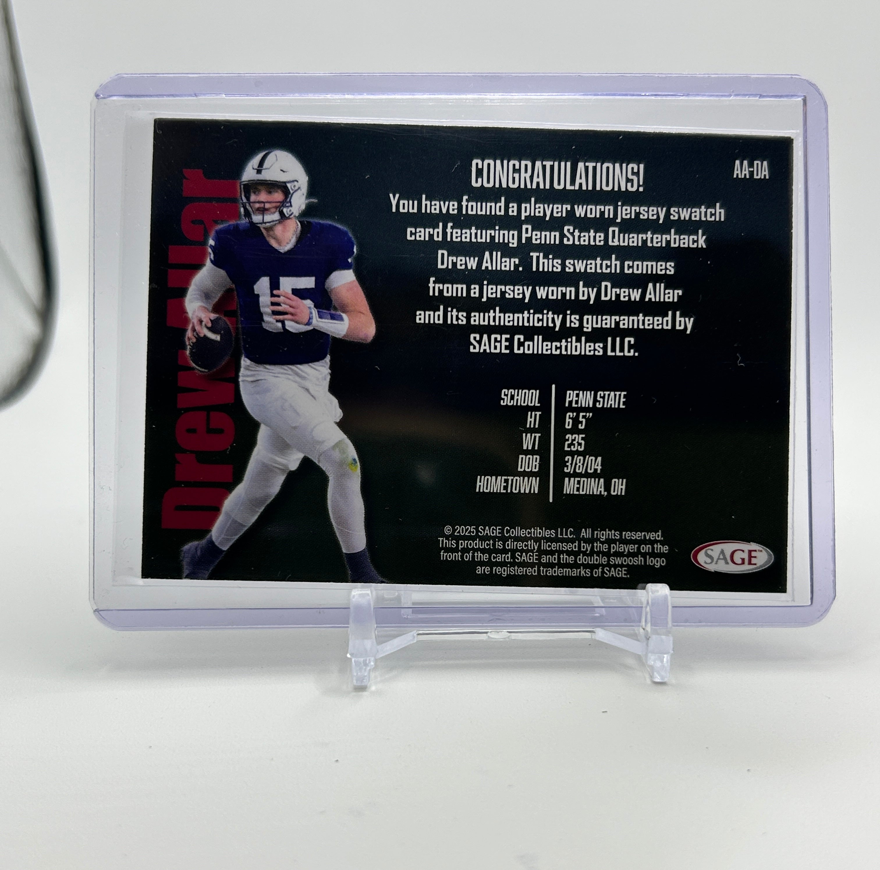 2025 Sage Drew Allar Athlete Apparel Rookie Patch SP