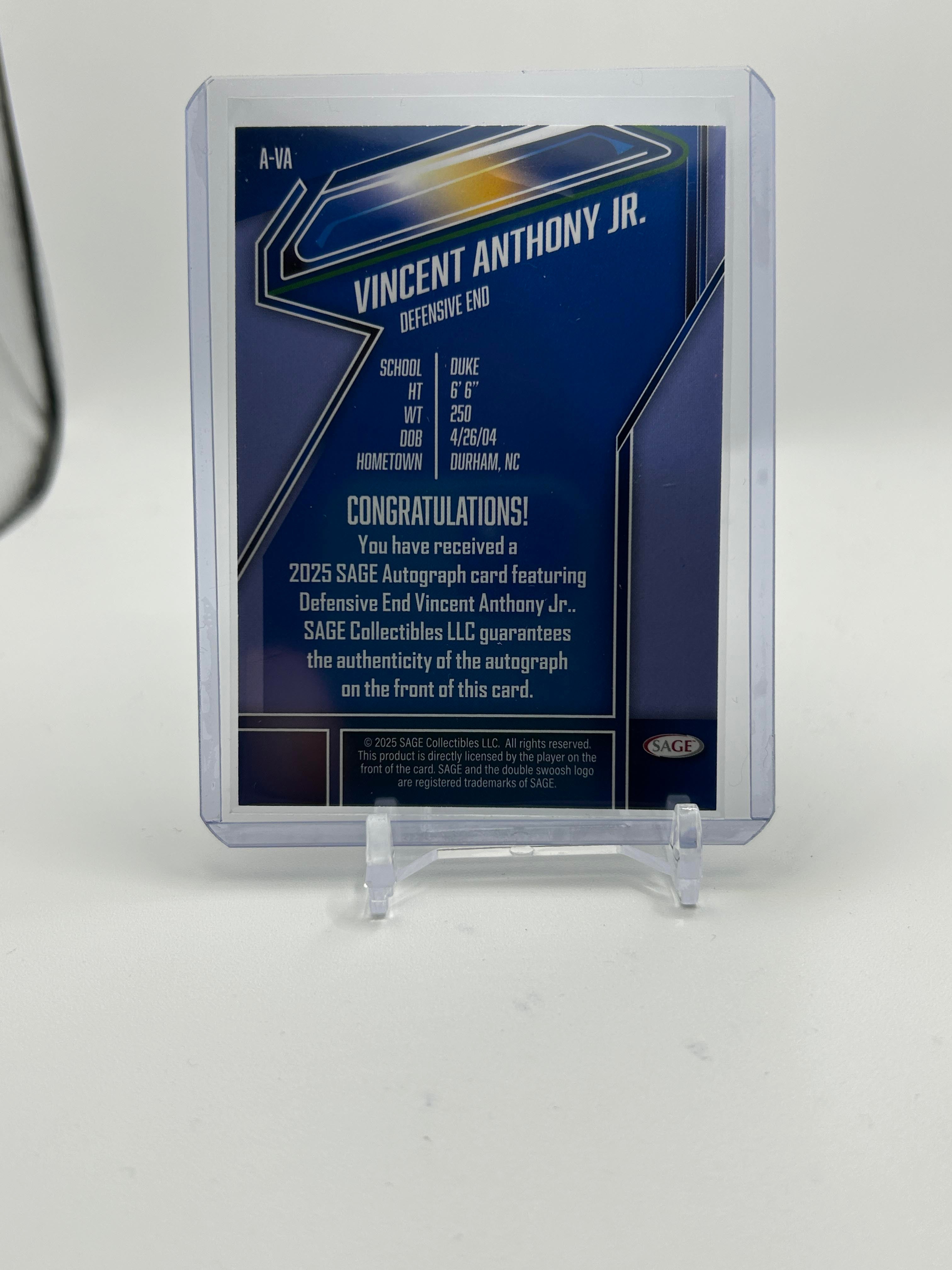 2025 Sage Vincent Anthony Jr. Rookie Auto