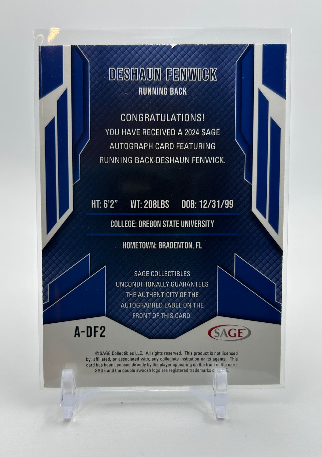 2024 Sage Deshaun Fenwick Blue Rookie Auto #A-DF2