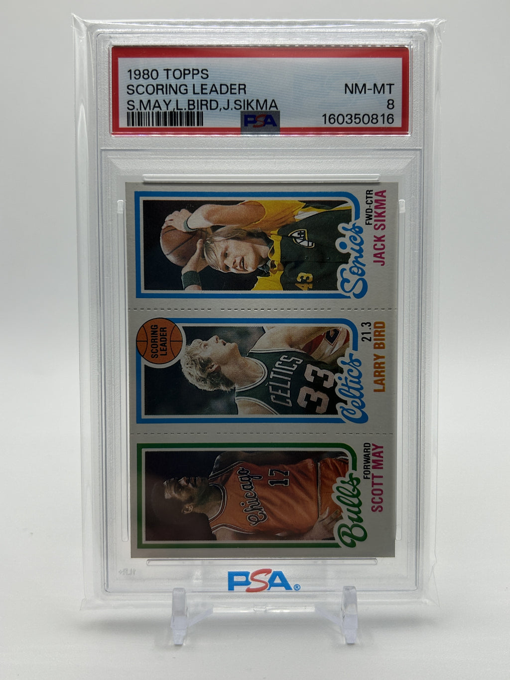 1980 Topps Larry Bird Scoring Leader Rookie #30 + Jack Sikma & Scott May PSA 8