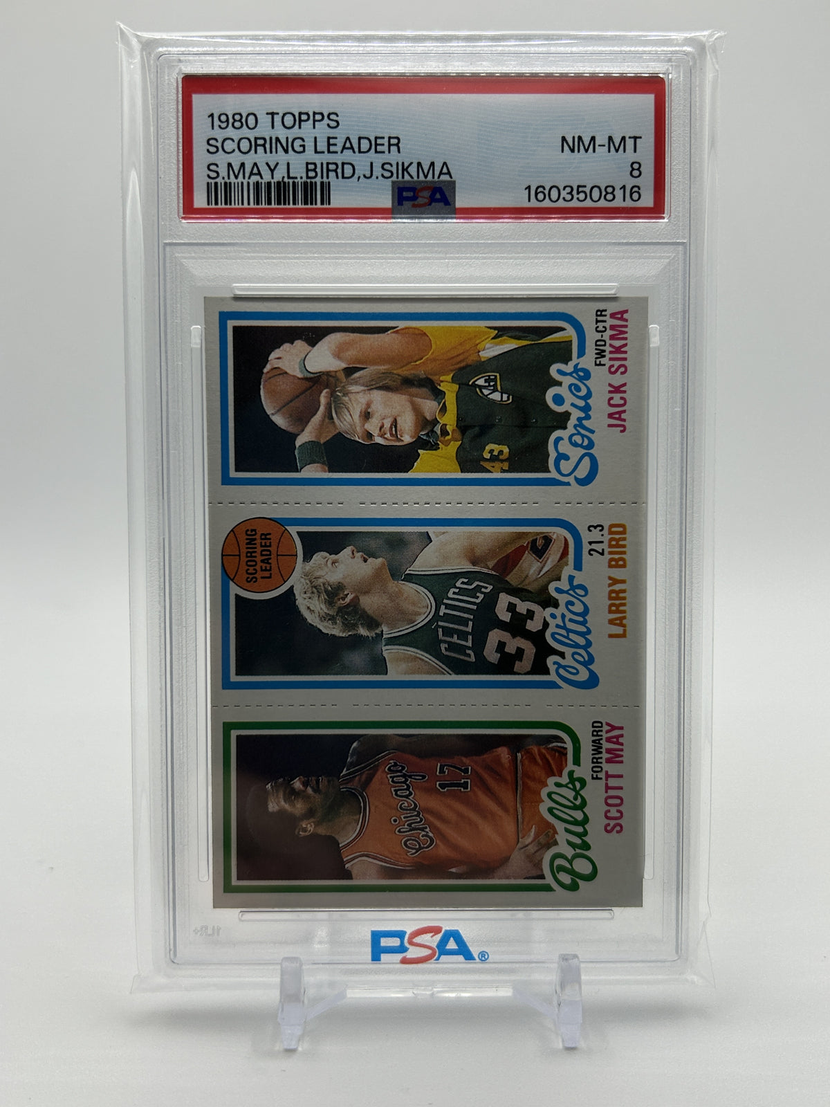 1980 Topps Larry Bird Scoring Leader Rookie #30 + Jack Sikma & Scott May PSA 8