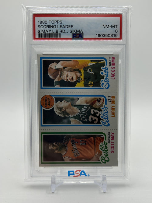 1980 Topps Larry Bird Scoring Leader Rookie #30 + Jack Sikma & Scott May PSA 8